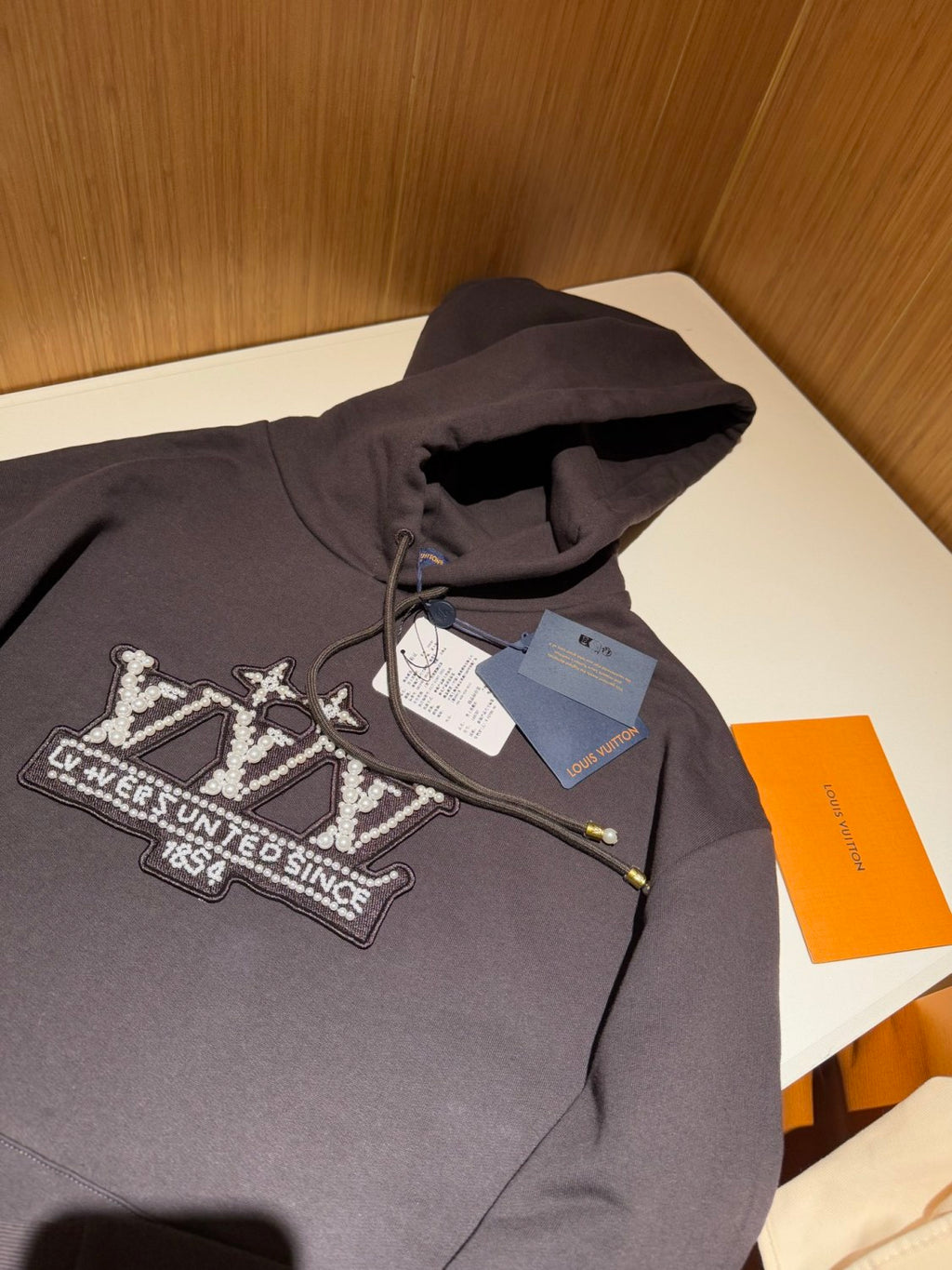 Louis Vuitton Men's Spring/Autumn Solid Color Beaded Embroidery Pattern Printed Drawstring Hooded Long Sleeve Sweatshirt #77951