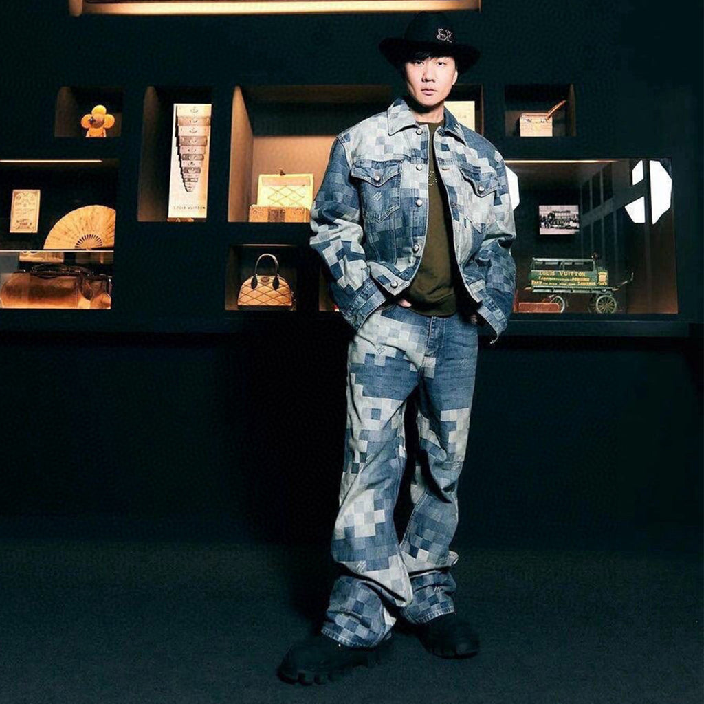 Louis Vuitton Men's Spring And Fall Fashion Plaid Denim Suit Gradient Washed Vintage Jacket Straight Casual Pants Ngvp #8154