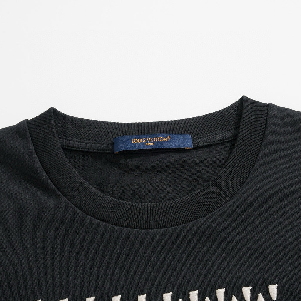 Louis Vuitton Men's Summer Beaded Embroidered Logo Black Round Neck Cotton Short Sleeve T-Shirt #98411