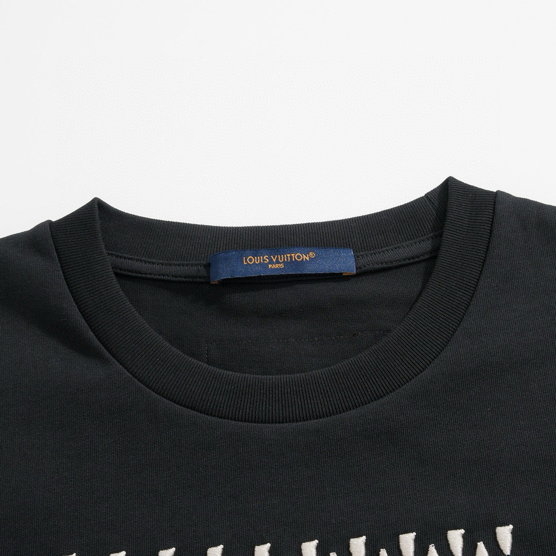 Louis Vuitton Men's Summer Beaded Embroidered Logo Black Round Neck Cotton Short Sleeve T-Shirt #98411