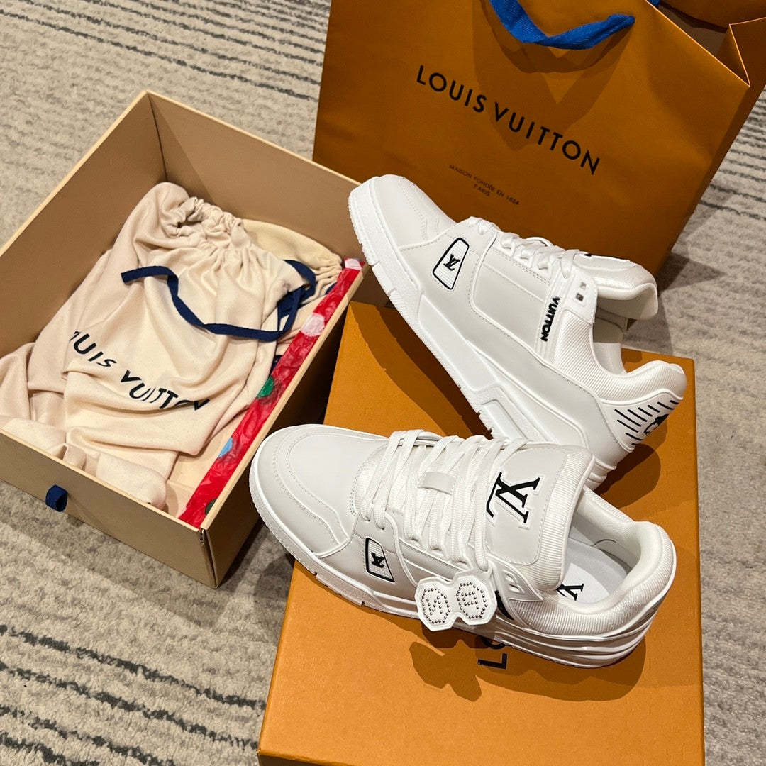Louis Vuitton LV TRAINER Men's And Women's Classic Fashion Casual Cowhide Round Toe Lace Up Low Top Sneakers Shoes #78219