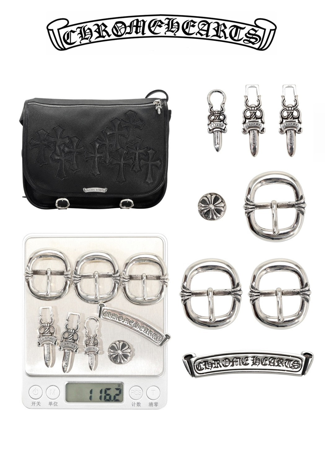 Chrome Hearts  vintage Cross-stitch Flap Shoulder Bag Messenger Style Cowhide Leather 925 Sterling Silver Hardware Total Silver Weight: Approx. 116g #81943A