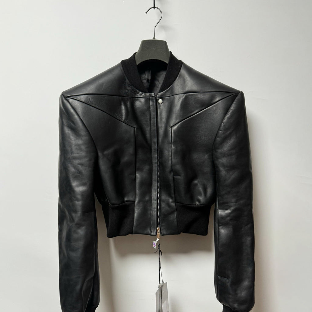Rick Owens Men's Spring And Autumn Standing Collar Short Shoulder Padded Leather Jacket High Street Hip Hop Zip Long Sleeve Leather Jacket Ngvp #9828