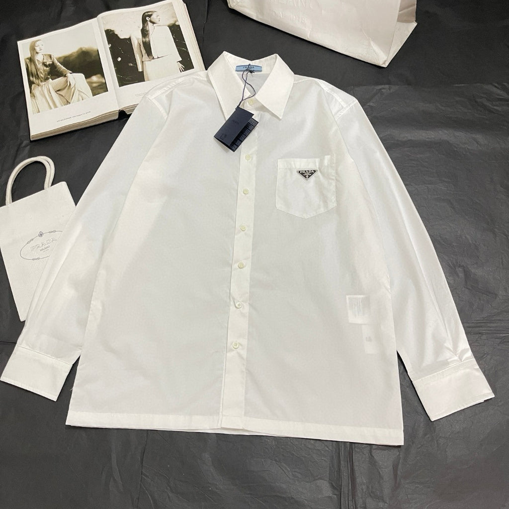 Prada Men's Women's Spring/Summer Solid Color Cotton Triangle Label Pocket Single Button Long Sleeve Shirt #77372