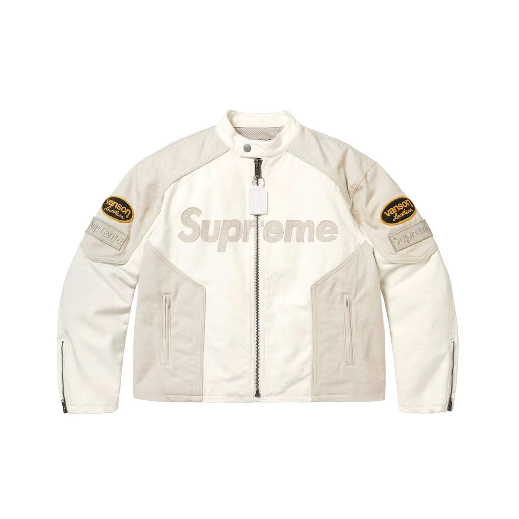 Supreme x Vanson Leathers x Cordura Men's And Women's Spring/Fall Fashion Casual High Neck Leather Logo Zipper Patchwork American Style Jacket #78582