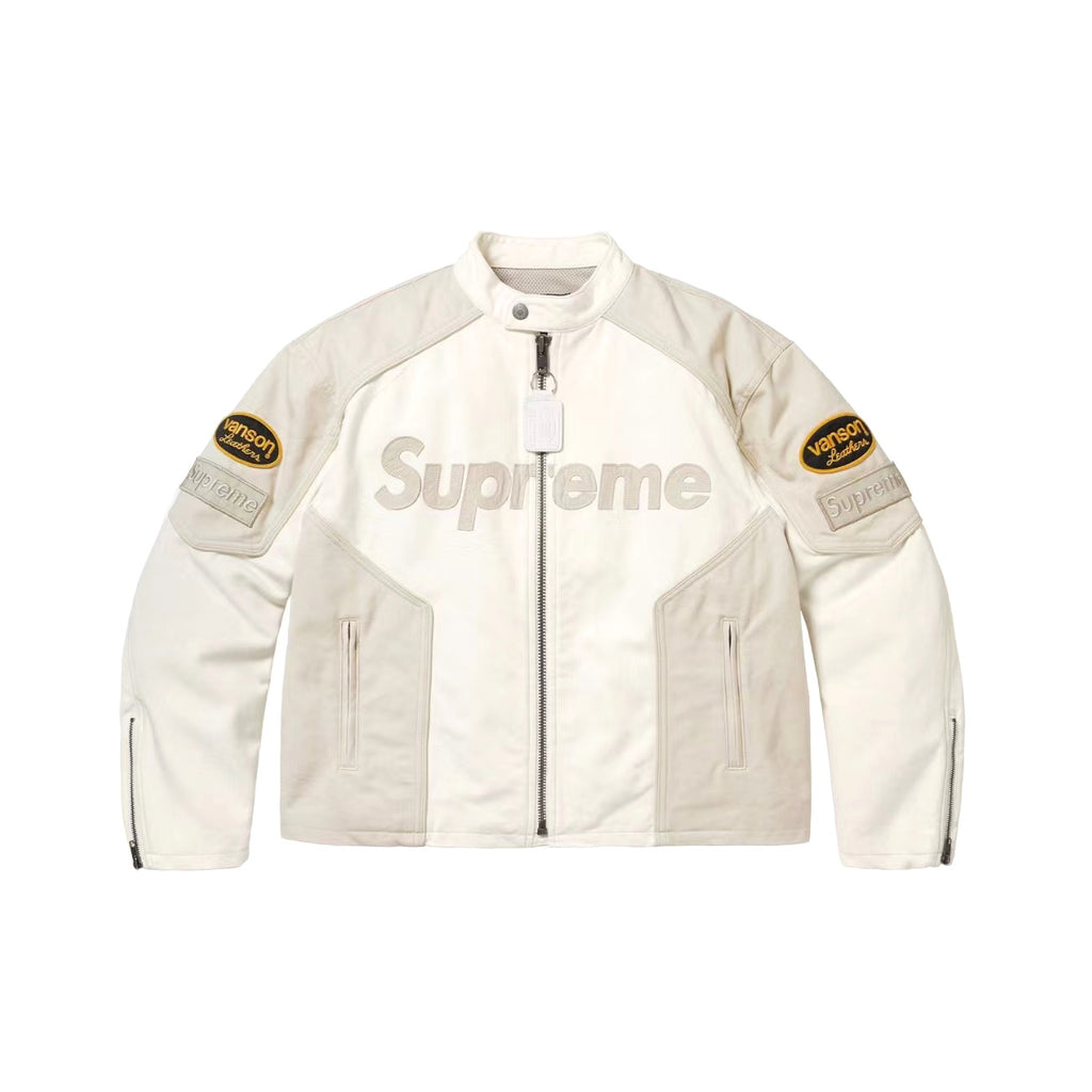 Supreme x Vanson Leathers x Cordura Men's And Women's Spring/Fall Fashion Casual High Neck Leather Logo Zipper Patchwork American Style Jacket #78582