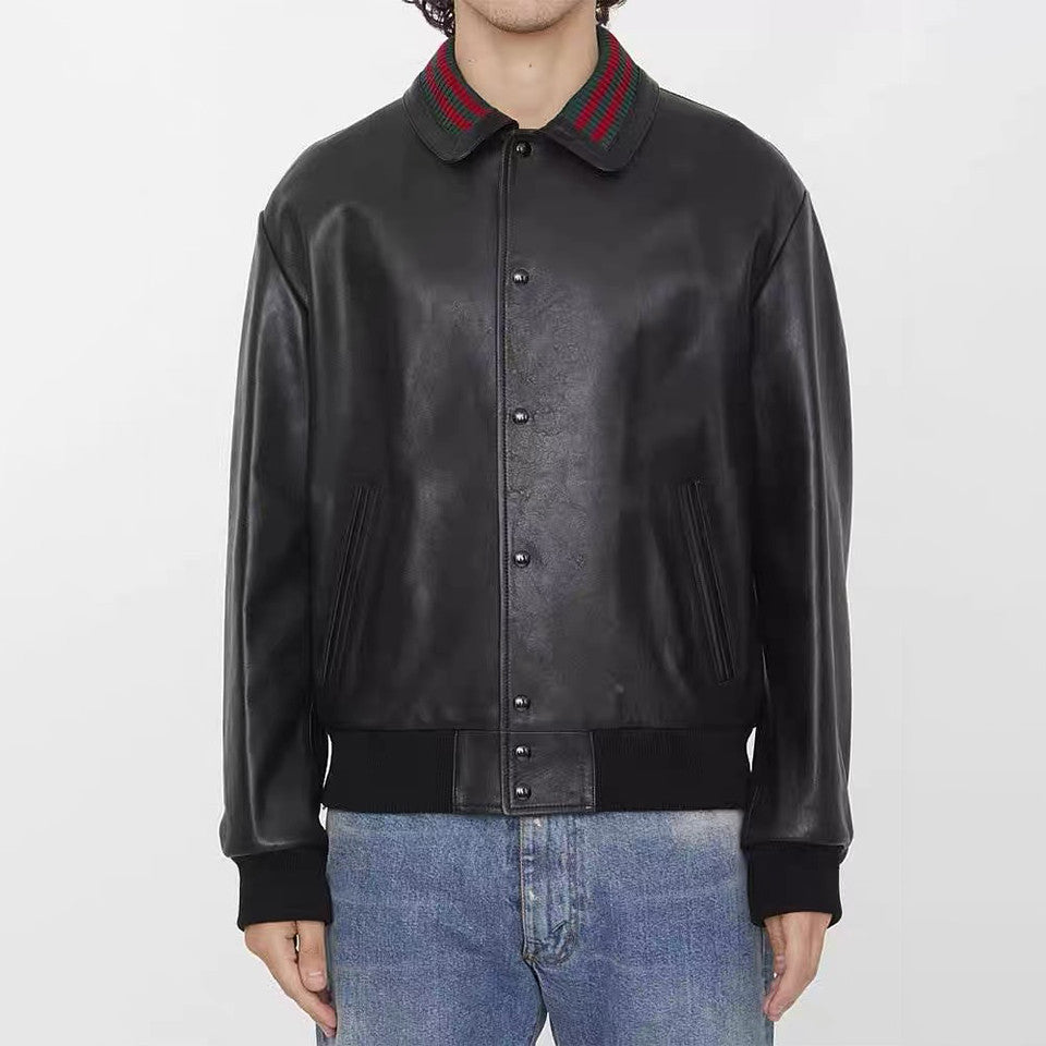Gucci Men's Fall/Winter Striped Lapel Single Breasted Fitted Long Sleeve Black Leather Jacket Coat #99964