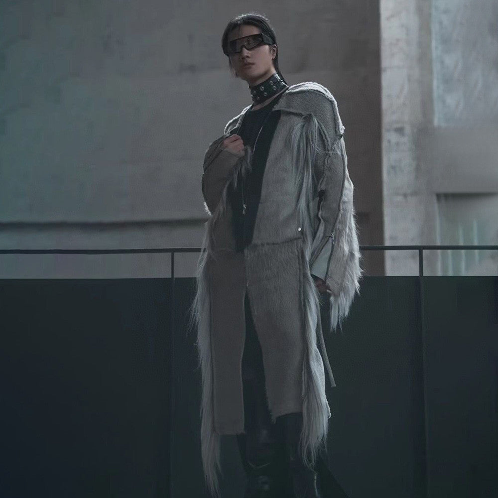 Rick Owens Men's Autumn And Winter Colorblocking Splicing Zipper Long Loose Fur Coat Ngvp #6964