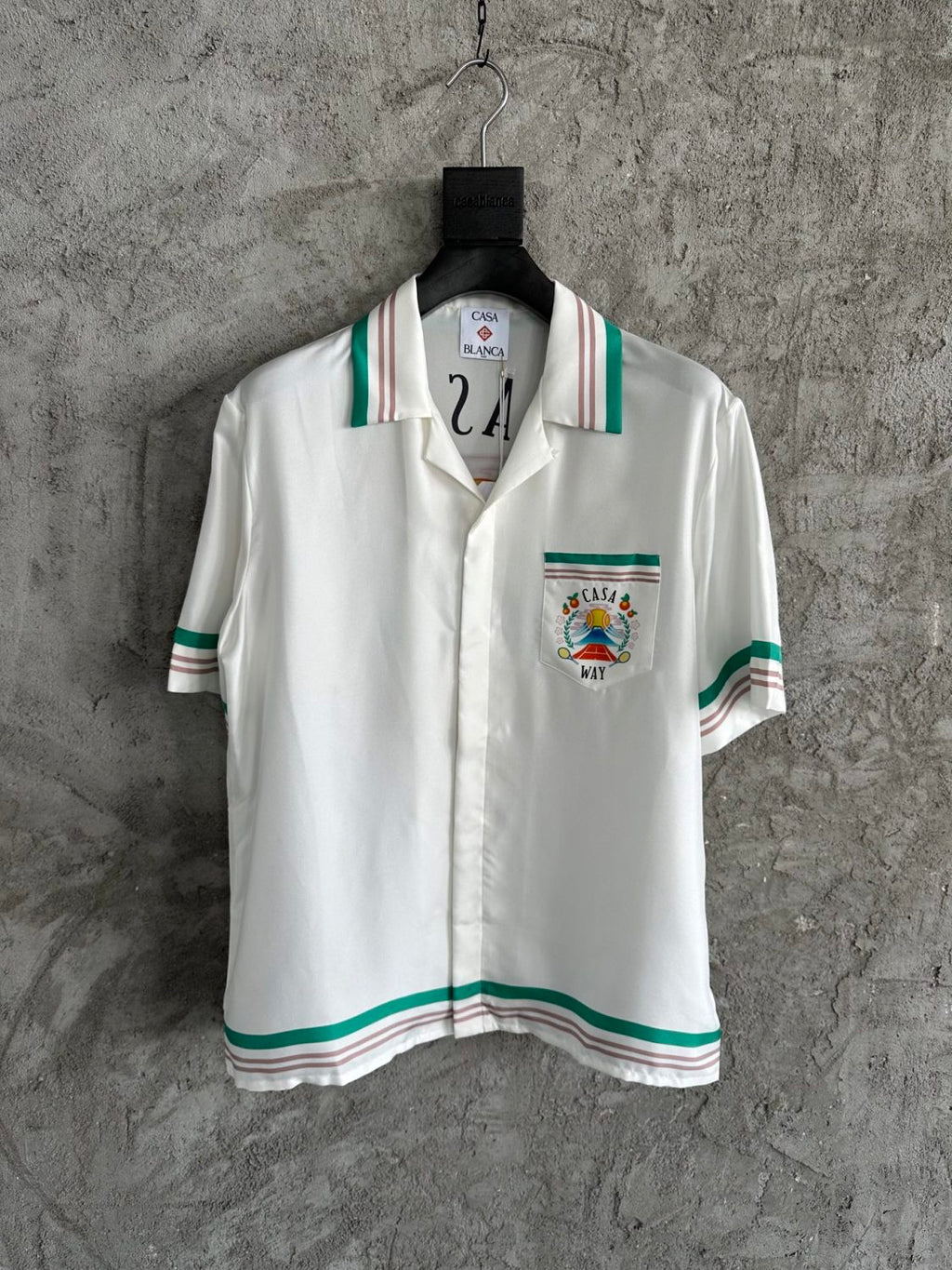 Casablanca Men's And Women's Summer Fashion Casual Cherry Blossom Pattern Silk Striped Collared Short Sleeved Shirt And Elastic Striped Shorts Set #78235