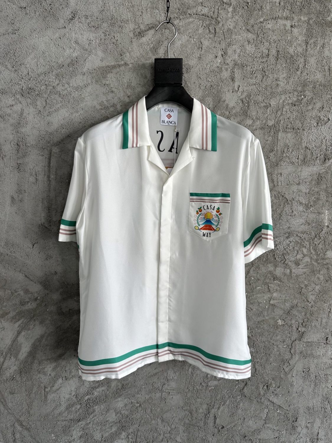 Casablanca Men's And Women's Summer Fashion Casual Cherry Blossom Pattern Silk Striped Collared Short Sleeved Shirt And Elastic Striped Shorts Set #78235