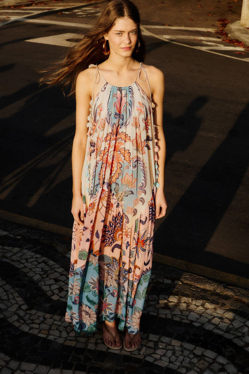 Multicolor Boho Floral Delhi Pleated Maxi Dress
