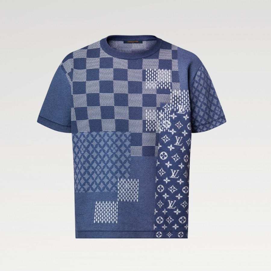 Louis Vuitton x Men's Letter Print Plaid Knit Summer Crew Neck Short Sleeve Solid Color T-Shirt #81354