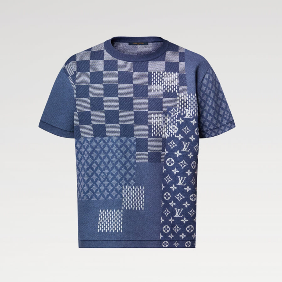 Louis Vuitton x Men's Letter Print Plaid Knit Summer Crew Neck Short Sleeve Solid Color T-Shirt #81354