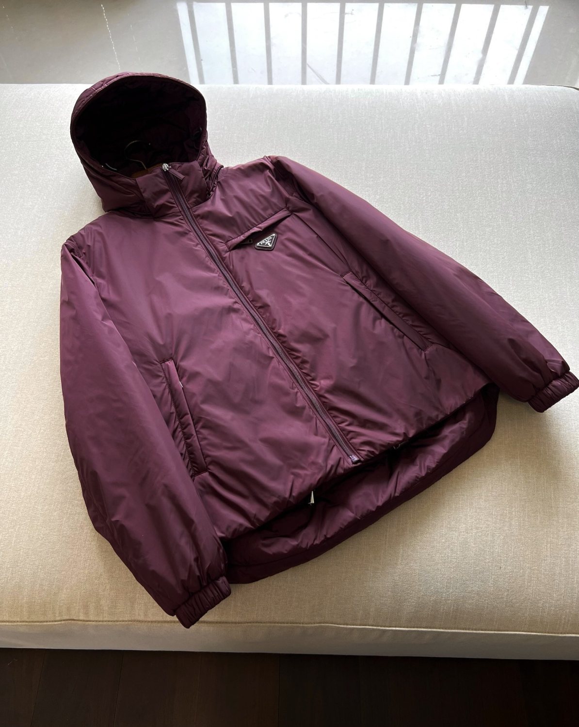 Prada Men's Autumn and Winter Solid Color Single Breasted Hooded Nylon Puffer Down Long Sleeve Jacket #73912