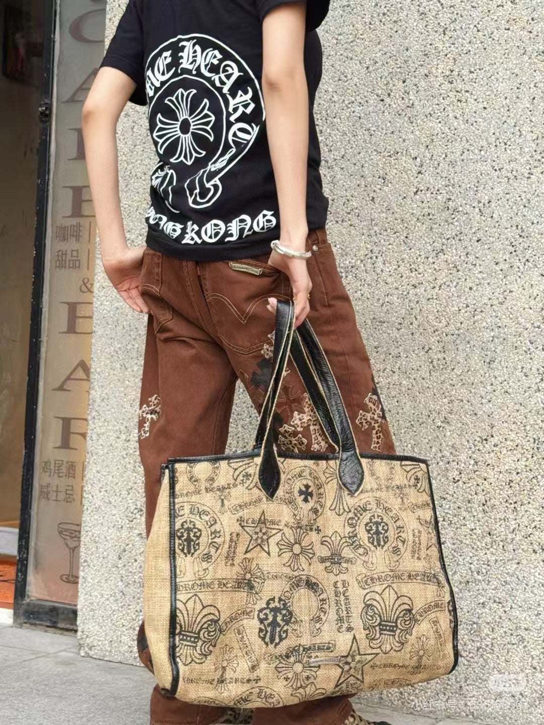 Chrome Hearts Women's All-Over Pattern Printed Straw and Leather Shopping Bag Tote Bags Handbag #77937