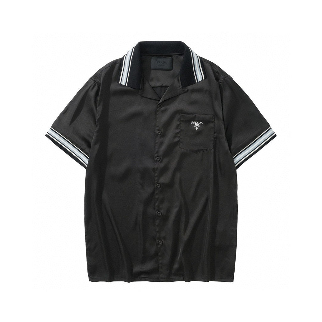 Prada Men's Summer Black Striped Letter Logo Printed Single Breasted Short Sleeve Shirt #99621