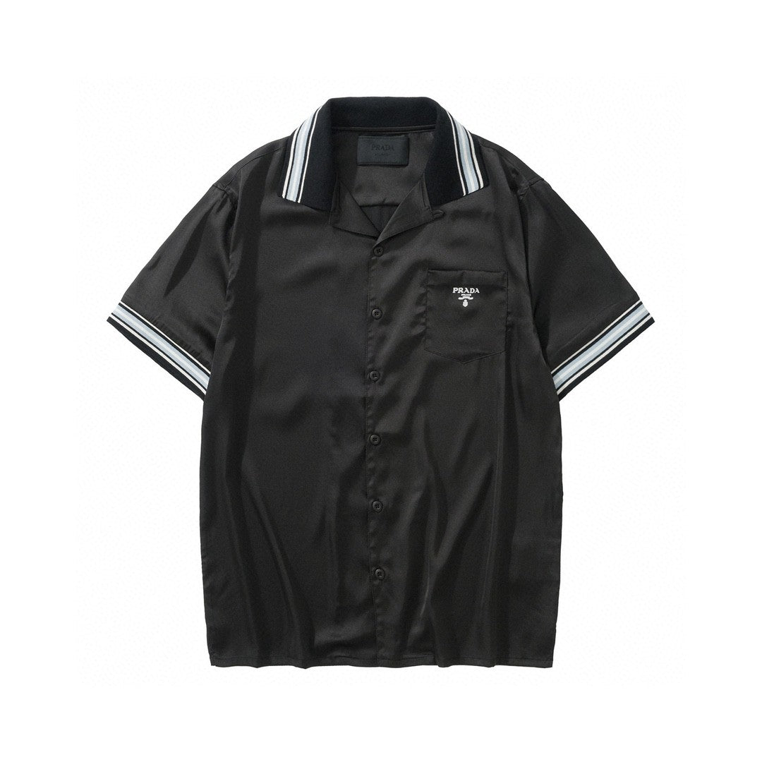 Prada Men's Summer Black Striped Letter Logo Printed Single Breasted Short Sleeve Shirt #99621
