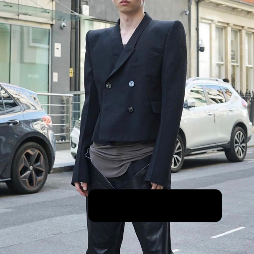 Rick Owens Men's Shoulder Padded Suit Spring And Autumn Fashion Casual High Street Double-breasted Lapel Trend Short Jacket Ngvp #9836
