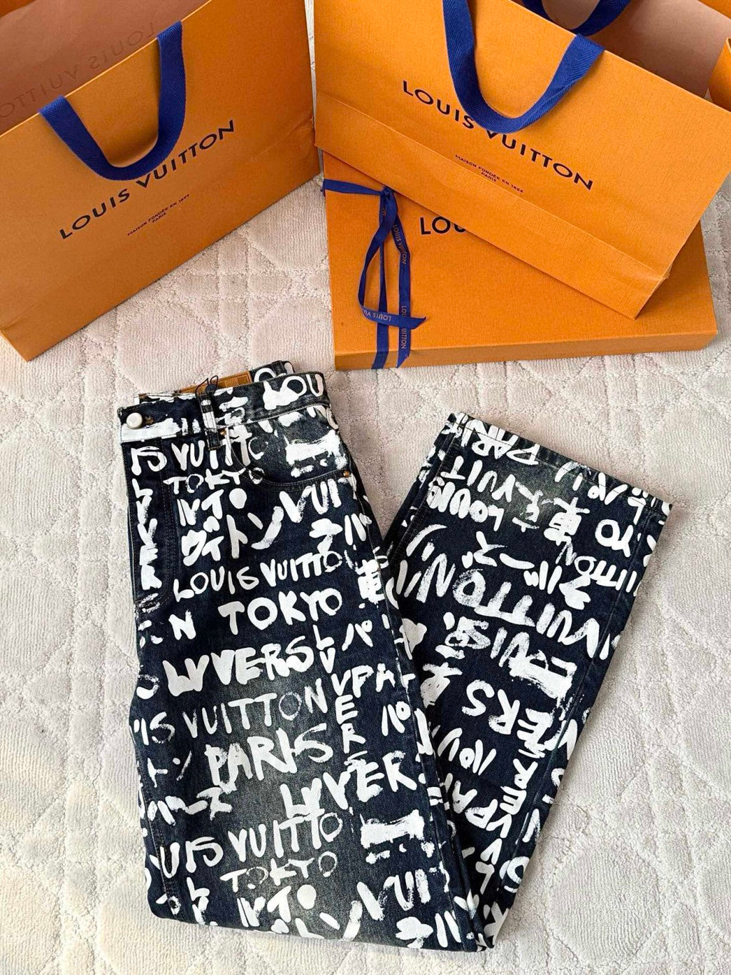 Louis Vuitton Men's Spring/Fall Fashion Casual Full Letter Graffiti Jeans Pants #79433