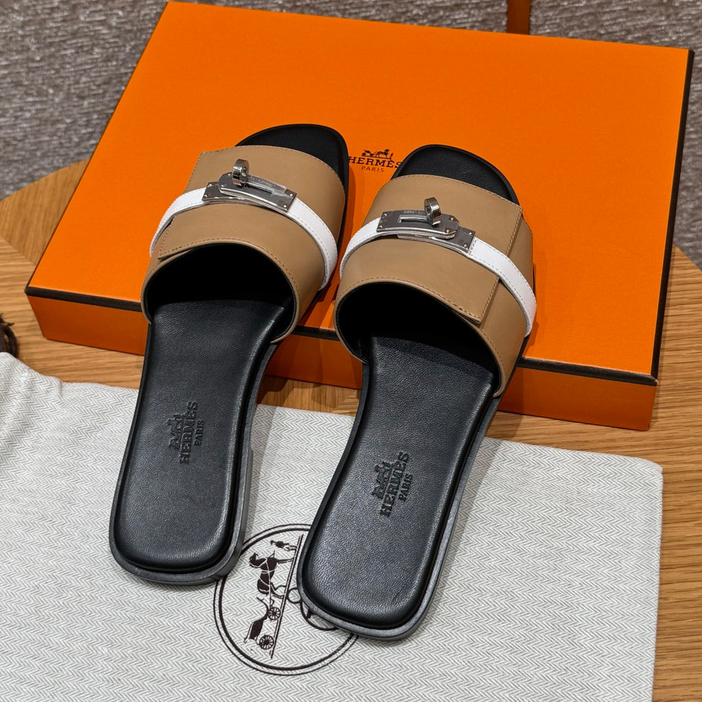 Hermes Giulia Women's Summer Metal Buckle Round Toe Leather Sandals Slippers Shoes #77657