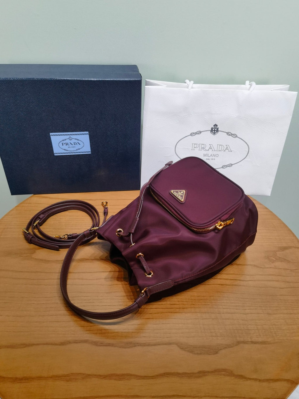 Prada Duet Recycled Nylon Bucket Bag Drawstring Closure Shoulder Bag #332667