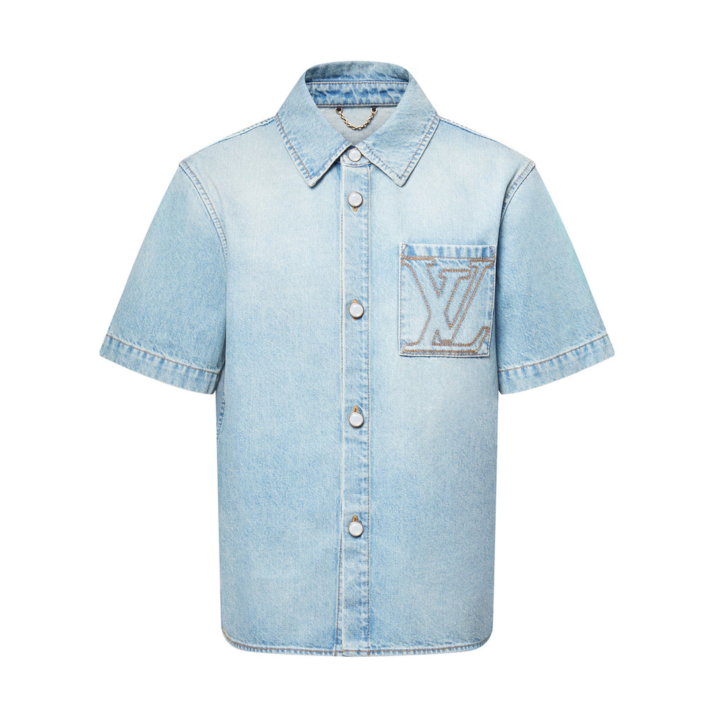 Louis Vuitton Men's Summer Blue Logo Letter Printed Pocket Single Breasted Short Sleeve Denim Shirt #74716