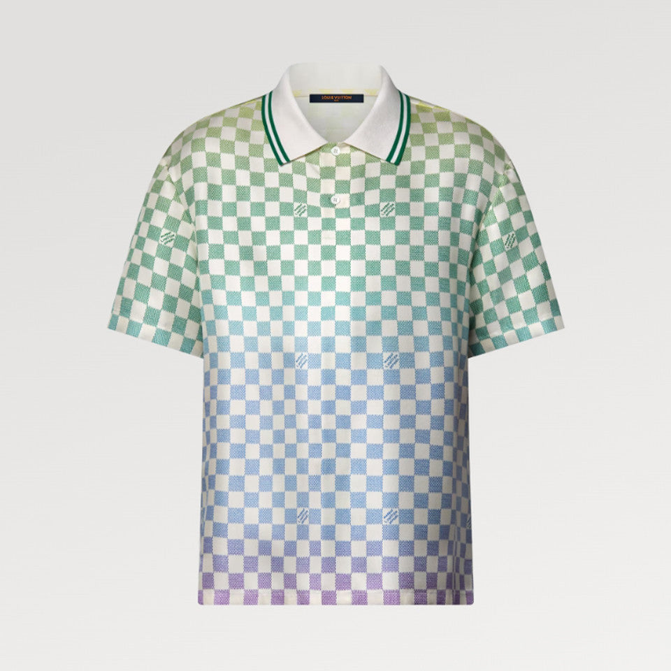 Louis Vuitton Men's Spring/Summer Damier Gradient Printed Mulberry Silk Short Sleeve Polo Shirt Casual Elastic Waist Shorts #81171