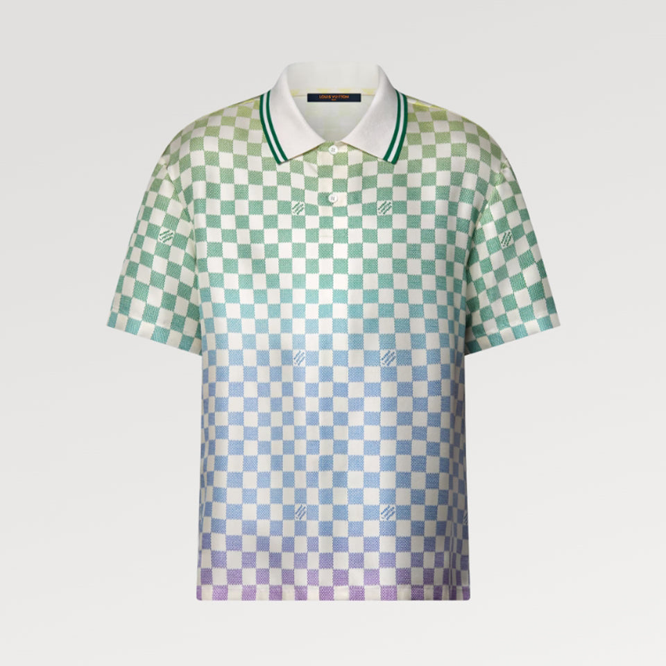 Louis Vuitton Men's Spring/Summer Damier Gradient Printed Mulberry Silk Short Sleeve Polo Shirt Casual Elastic Waist Shorts #81171