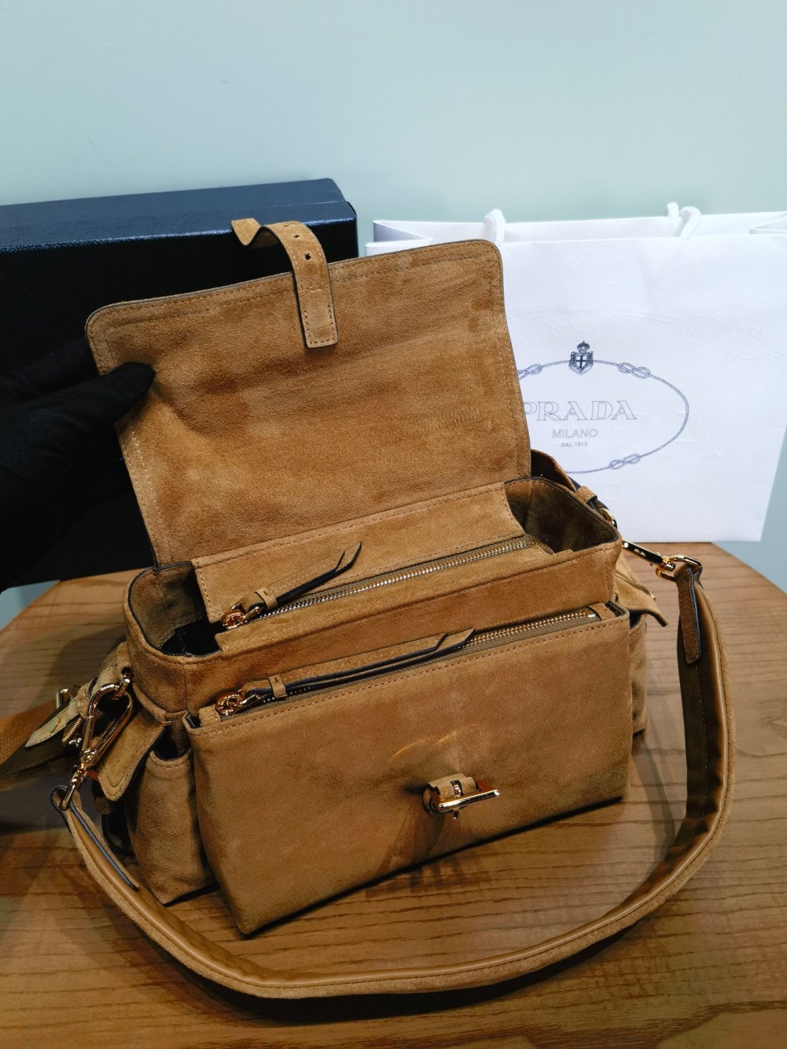 Prada Explore Men's and Women's Brand Logo Solid Color Suede Leather Messenger Bag Shoulder Bags #78127