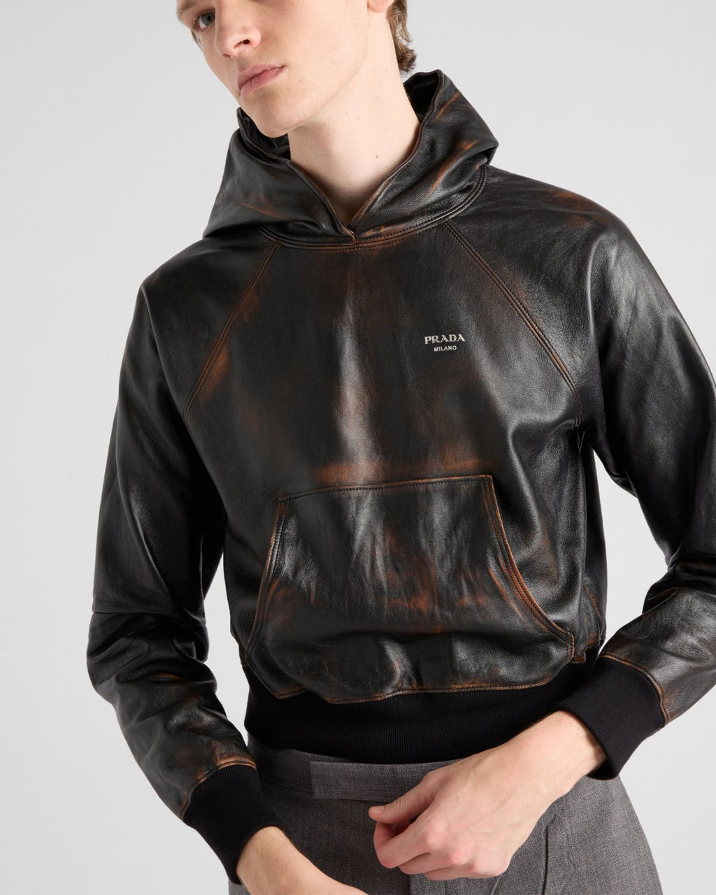 Prada SS25 Spring And Summer Men's Nappa Leather Hooded Raglan Long Sleeve Sweatshirt Leather Jacket #332536
