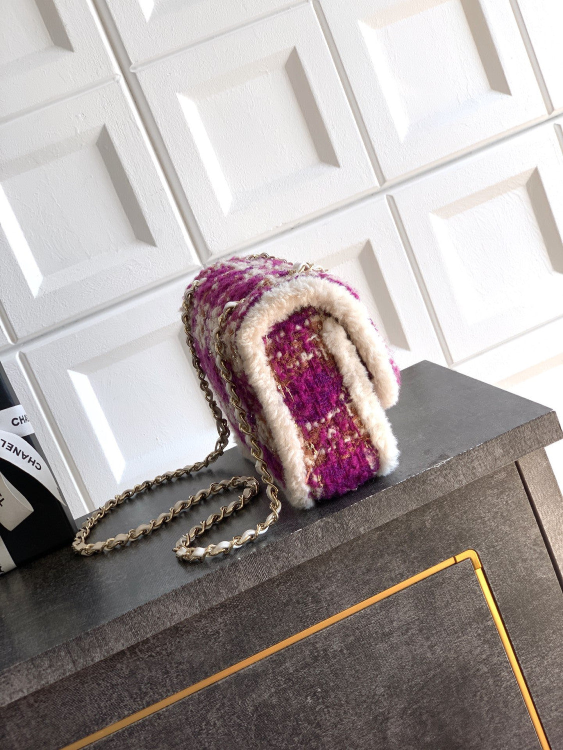 Chanel Large Flap Bag Tweed Shearling Lambskin #333980