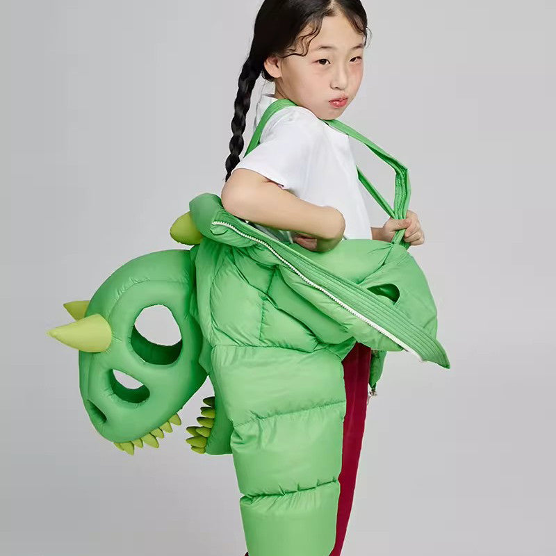 Kid's Autumn And Winter Solid Color Three-Dimensional Cutting Dinosaur Cap Hooded Loose Long-Sleeved Puffer Down Jacket #31323