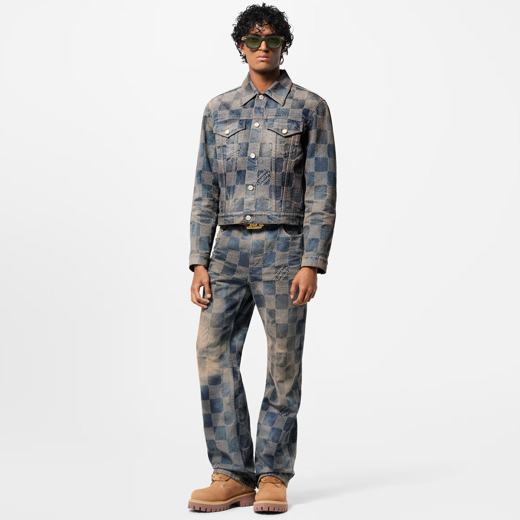 Louis Vuitton Men's Spring And Fall Logo Jacquard Checkerboard Pattern Pocket Single Breasted Denim Jacket Pants Suit Set #72956