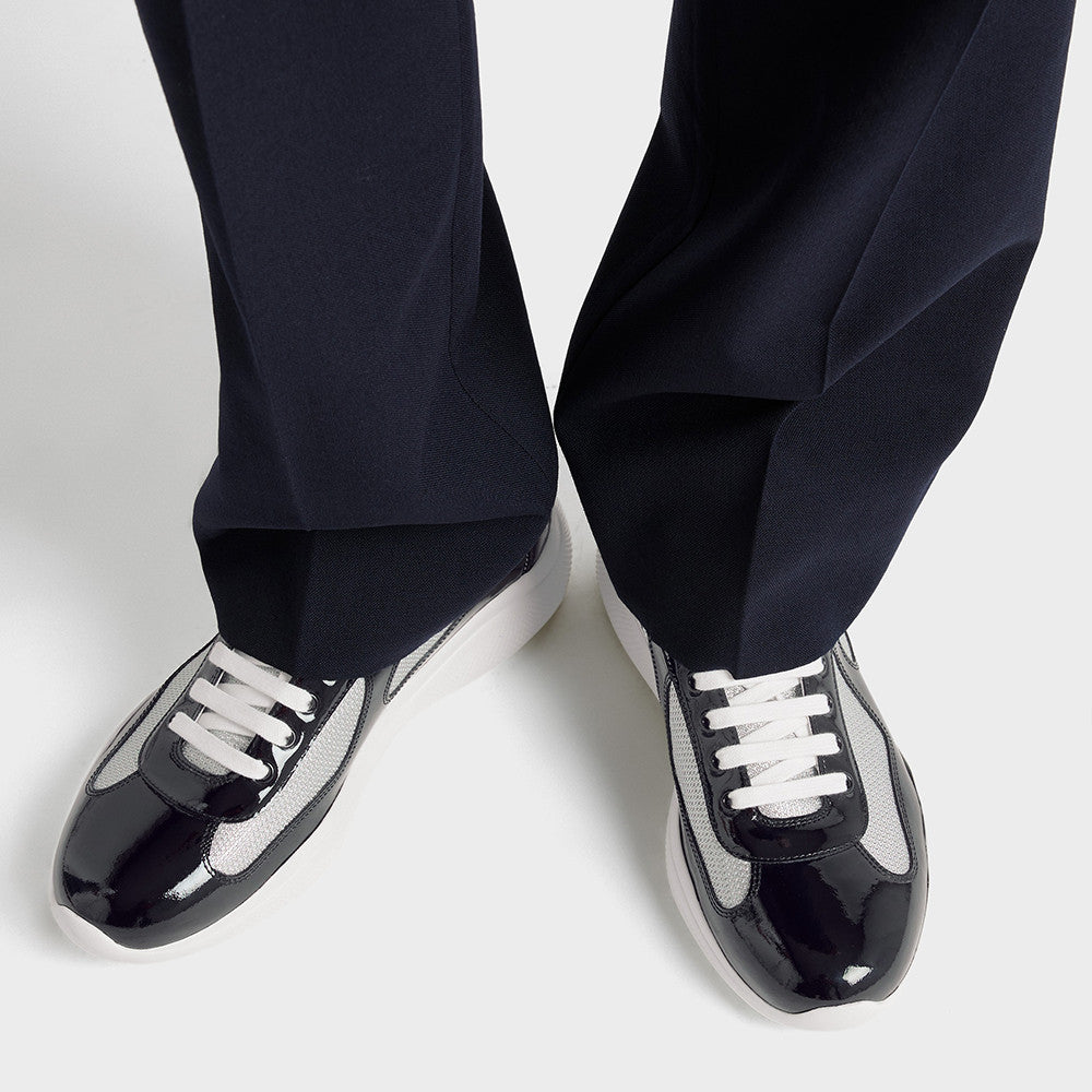 PRADA Black silver Patent Leather And Technical Fabric Prada America s Cup Sneakers #334570