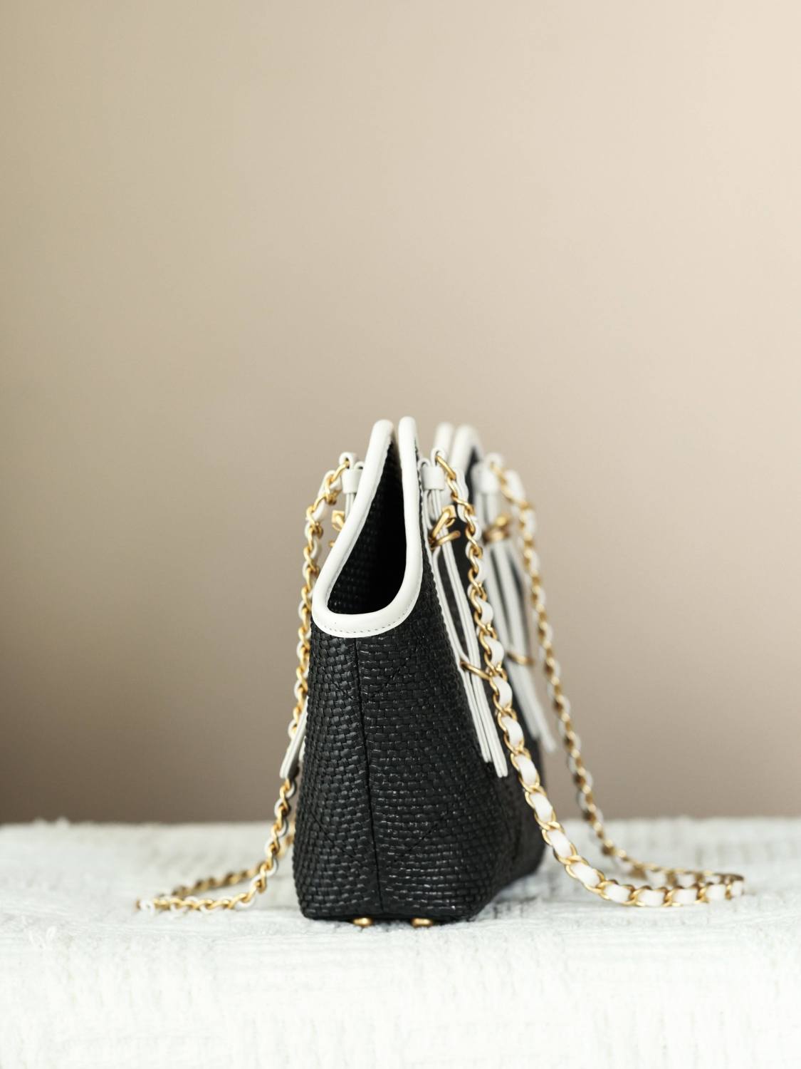CHANEL Maxi Shopping Bag Braided Raffia Calfskin Gold-tone Metal Dark Beige Black #376633