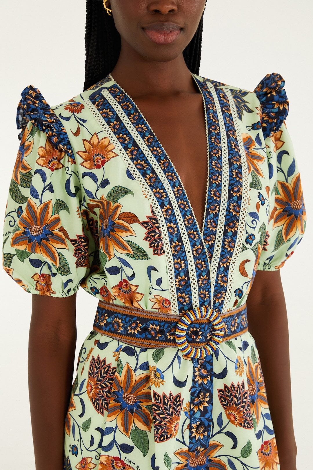 Light Green Floral Delhi Tapestry Belted  Romper