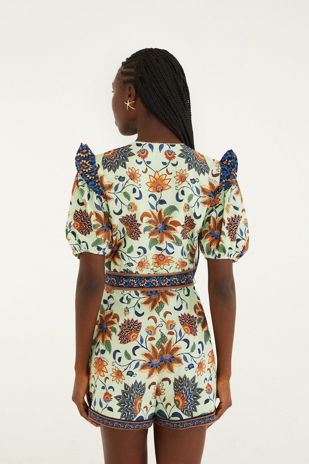 Light Green Floral Delhi Tapestry Belted  Romper