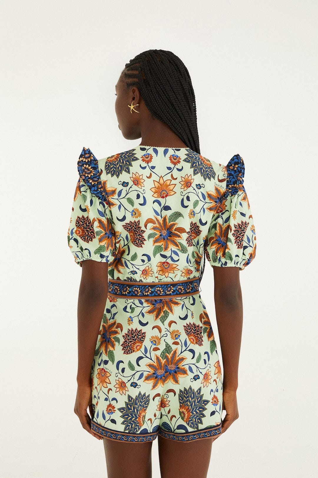 Light Green Floral Delhi Tapestry Belted  Romper
