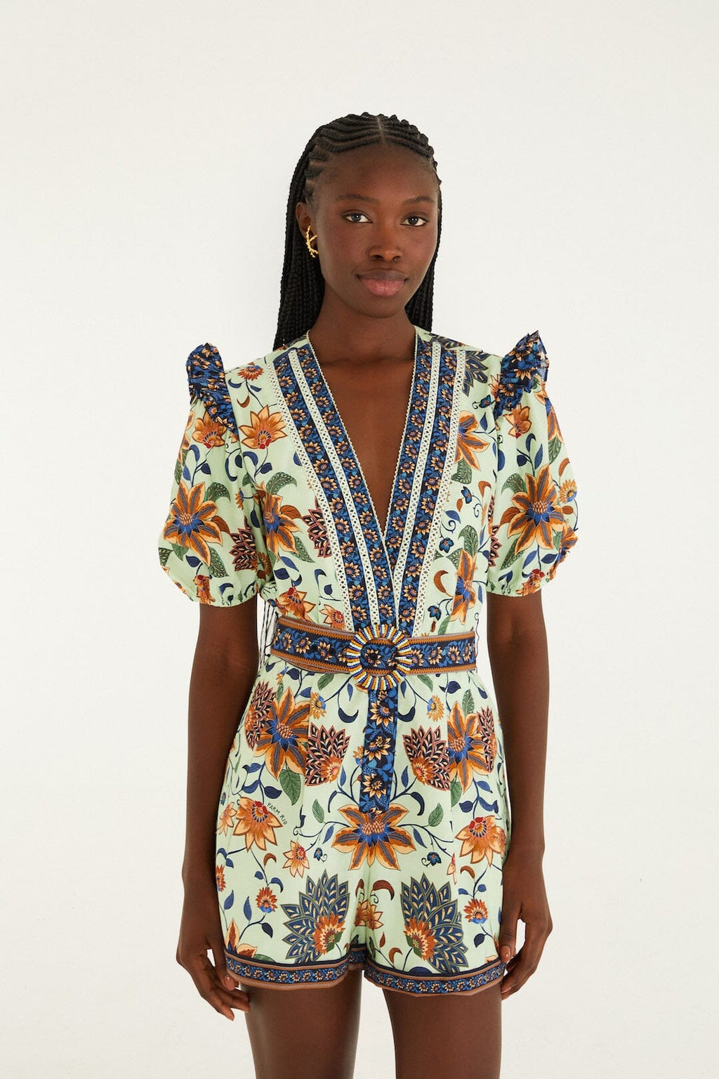 Light Green Floral Delhi Tapestry Belted  Romper
