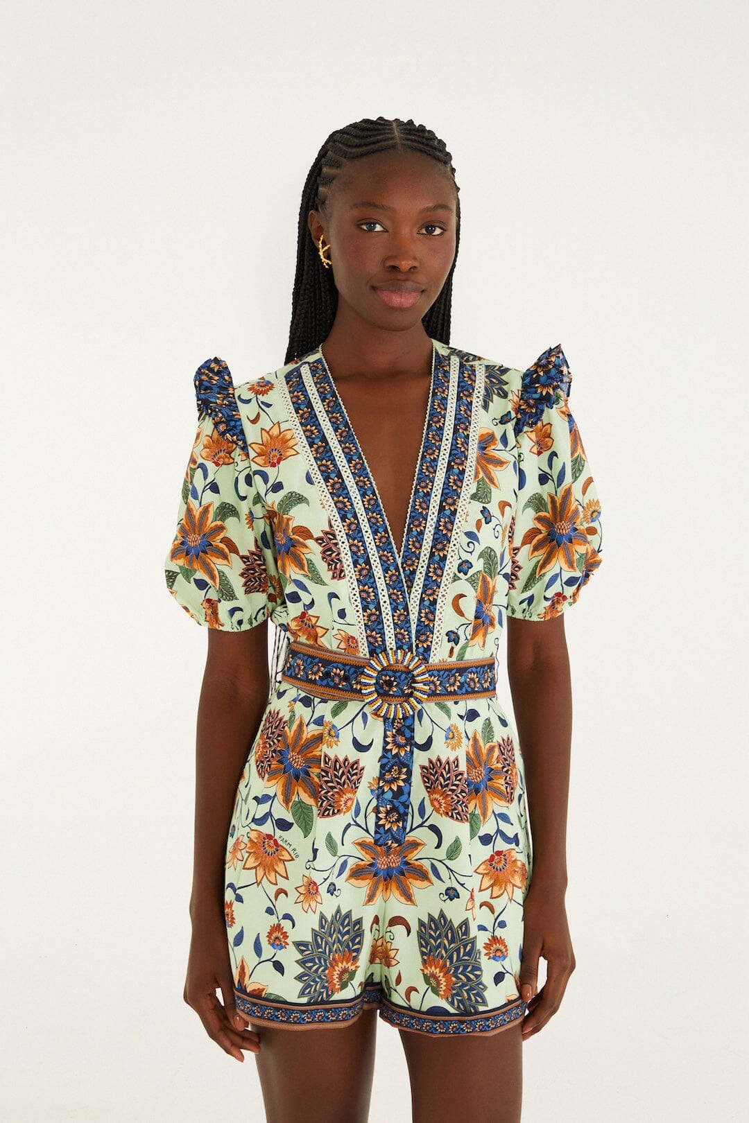 Light Green Floral Delhi Tapestry Belted  Romper
