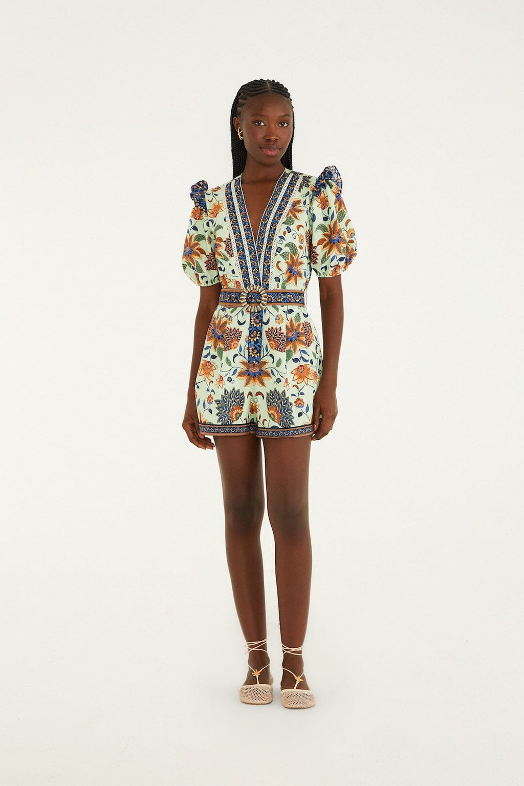 Light Green Floral Delhi Tapestry Belted  Romper