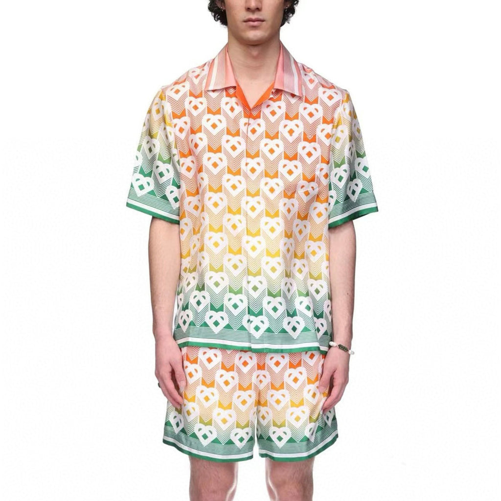 Casablanca Men's Summer Gradient Heart Printed Silk Short Sleeve Shirt Casual Elastic Lace-Up Shorts Ngvp  #8677