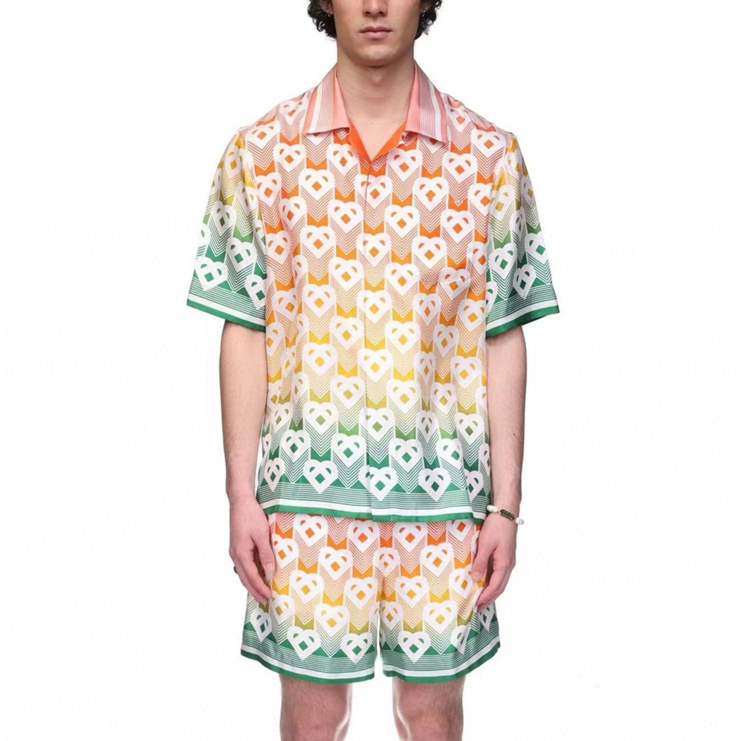 Casablanca Men's Summer Gradient Heart Printed Silk Short Sleeve Shirt Casual Elastic Lace-Up Shorts Ngvp  #8677