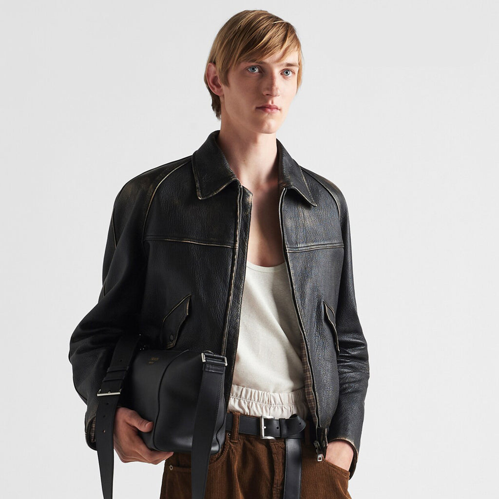 Prada Men's Women's Autumn And Winter Retro High Street Biker Wind Leather Jacket Lapel Zipper Jacket Coat  Ngvp #8946