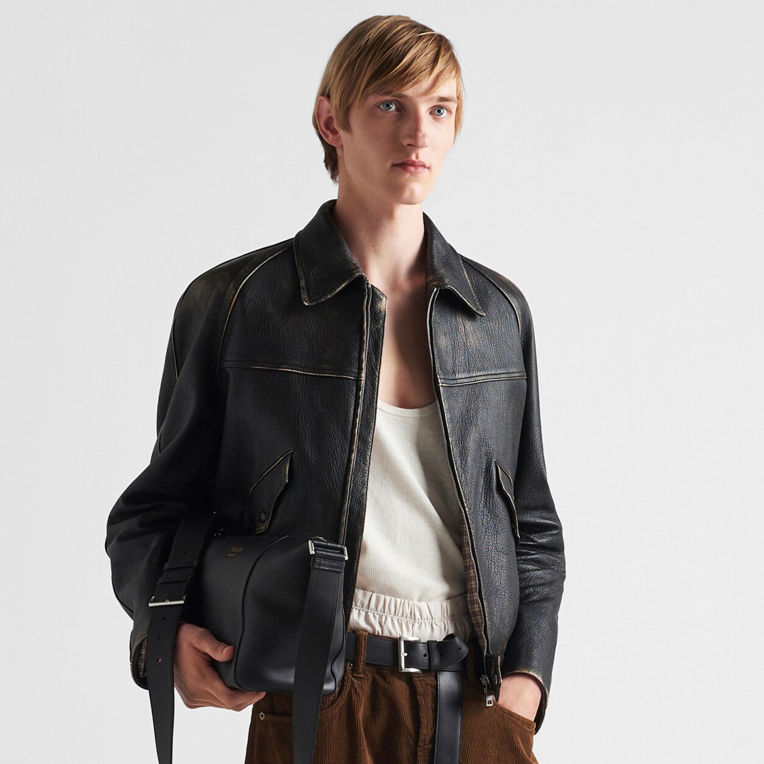 Prada Men's Women's Autumn And Winter Retro High Street Biker Wind Leather Jacket Lapel Zipper Jacket Coat  Ngvp #8946