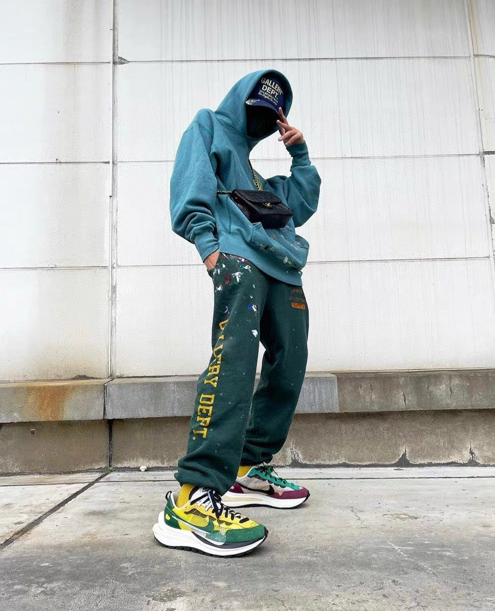 Gallery Dept. Men's Spring And Autumn Graffiti Letters Printing Solid Color Do Old Hooded Sweatshirt Casual Ink Splash Elastic Waist Drawstring Pants Ngvp #9291