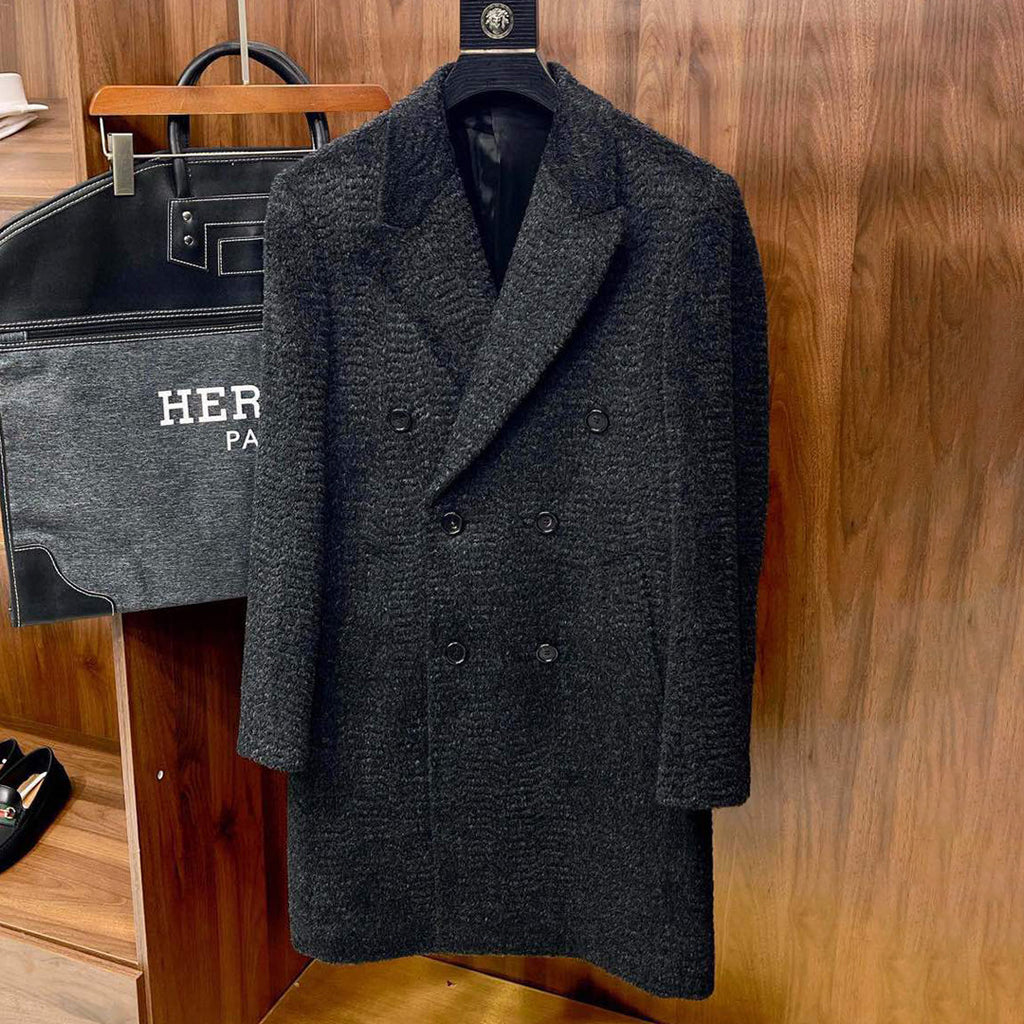 Hermes Men's Fall And Winter Water Wave Texture Casual Double-Breasted Medium-Length Wool Blend Coat Ngvp #9882