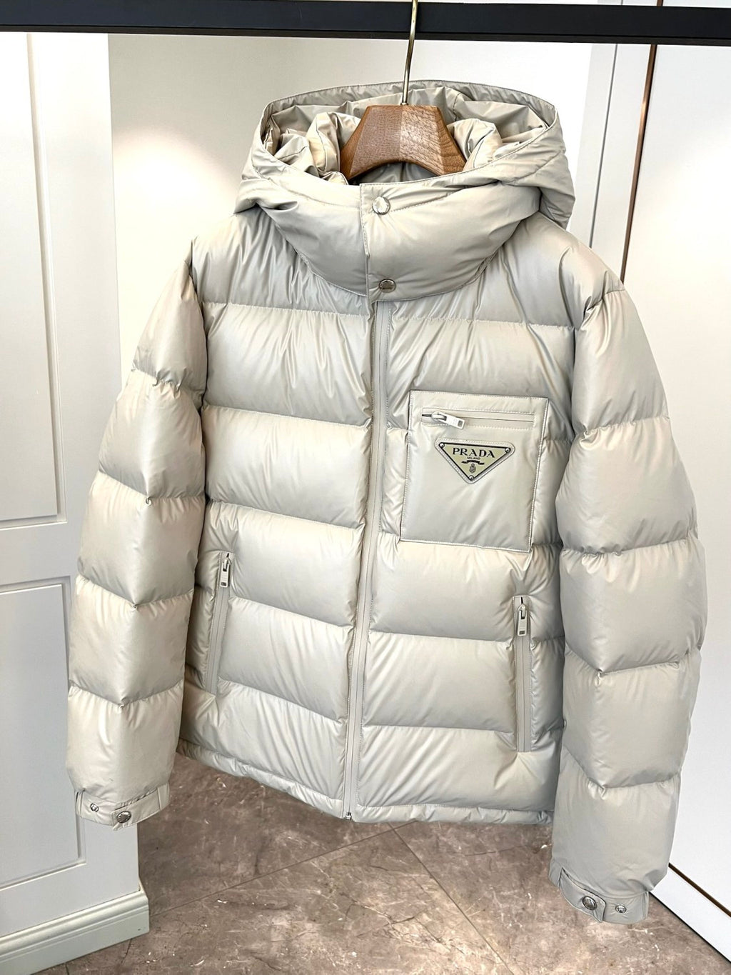 Prada Men's Autumn and Winter Solid Color Detachable Hood Zipper Long Sleeve Down Jacket #74319