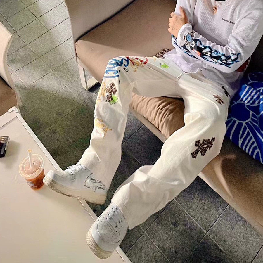 Chrome Hearts Graffiti White Denim Jeans Pants #96784