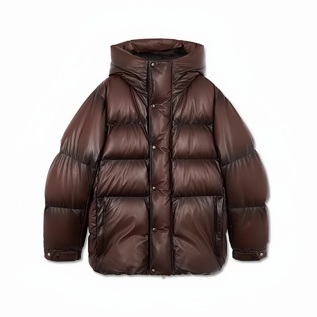 Berluti Men's Winter Solid Color Single Breasted Long Sleeve Hooded Leather Puffer Down Jacket Ngvp #7215